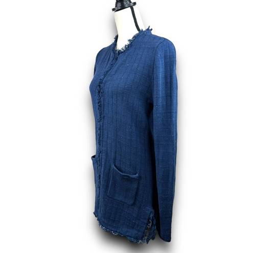 CAbi Duchess Longline Cardigan Sweater Blue Multicolor Flecks Frayed Edge Medium