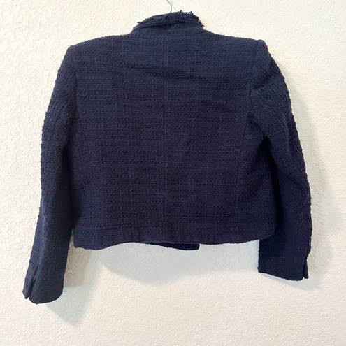 ZARA Tweed Textured Frayed Crop Blazer Jacket in Navy Size L