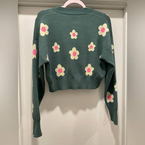 Daisy Bailey Rose Green Pink & Pale Yellow  Floral Cropped Cardigan Sweater - S