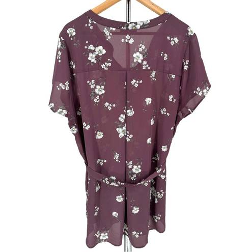 The Moon Full Segura Short Sleeve Tie Waist Maternity Blouse Light Purple Floral 2X