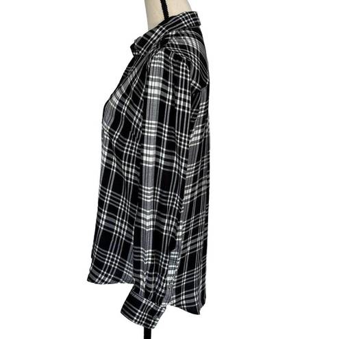 Style & Co  Small Button-Up Top Plaid Pocket Long Sleeve Hi-Low Hem Black White