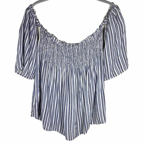 Paper Crane Striped Off Shoulder Smocked Rayon Top Blue & Off White Womens Med