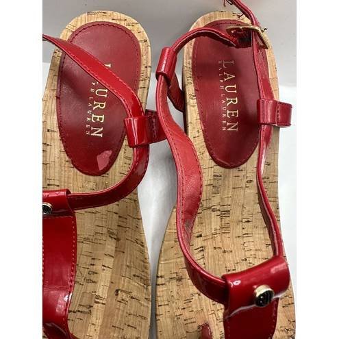 Ralph Lauren LAUREN  Rosalia Red T-Strap Wedge Cork Shoes Women's Size 9B