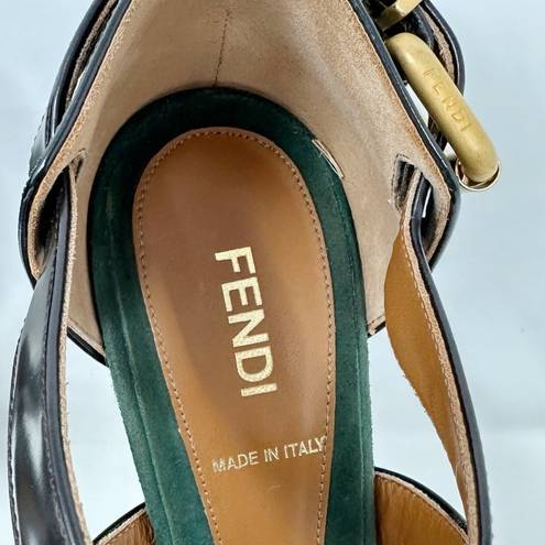 Fendi  Green Suede Black Leather Round Toe Logo Wooden Sole Platform Heels Pumps