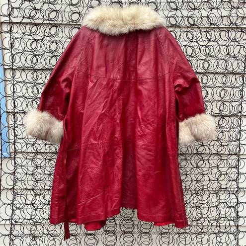 ma*rs Vint 60s 70s Red Leather & Silver Fox Fur Collar  Claus Christmas Trench Coat