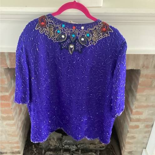 Scala VINTAGE 1980’s  Beaded Sequined Evening Blouse XL w/shoulder pads