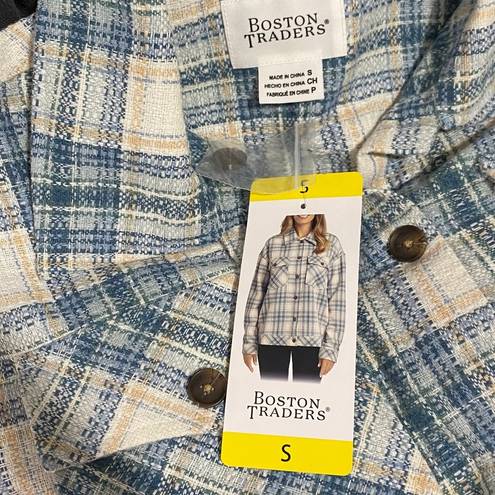 Boston Traders  Women's White and Blue Plaid Shacket Shirt Jacket