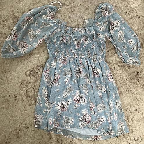 Lulus Love Potion Blue Floral Smocked Three-Quarter Sleeve Mini Dress Large