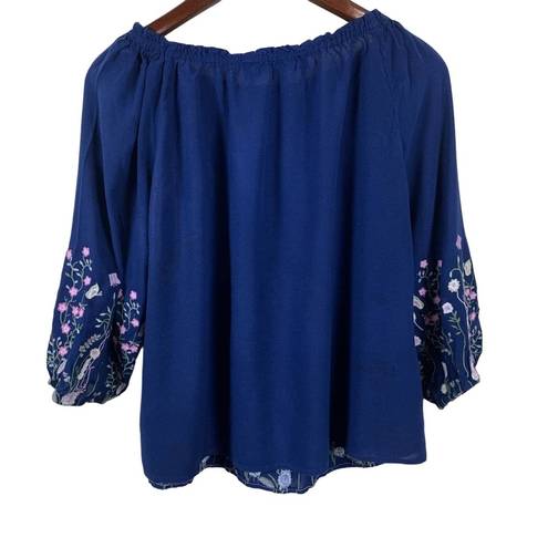 Blue Rain Blue Embroidered Peasant Top SMALL Butterfly Floral Babydoll Off Shoulder Boho