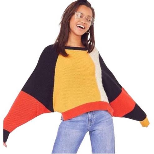 Moon & Madison Chunky Cable Color Block Cropped Sweater Black Yellow Cream M