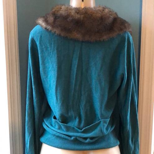 CAbi  Faux Fur Neckline Cardigan in Teal