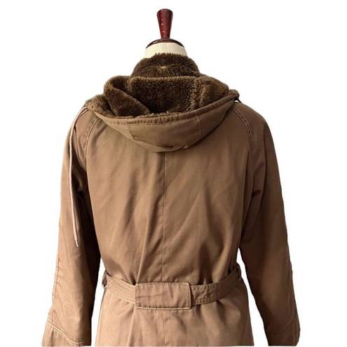 Vintage 70s Belted Winter Coat Hooded Cargo Parka Faux Fur Lined Chocolate Brown Size M