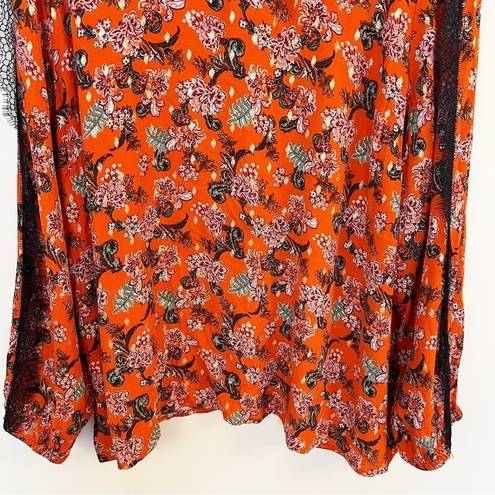Jason Wu J  Long Sleeve Foil Print Woven Blouse w/ Lace Trim Size 2X Orange Red