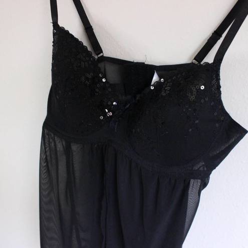 Black Sparkly Sequin Embroidered Teddy / Bra with Mesh Panel