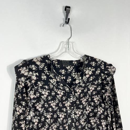 ALLSAINTS Sora Nevin Black Floral 100% Silk Tie Waist Long Sleeve Dress Size 2