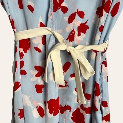 Oscar de la Renta  Pink Label Blue Red Floral Print Satin Wrap Dress Mini Robe S