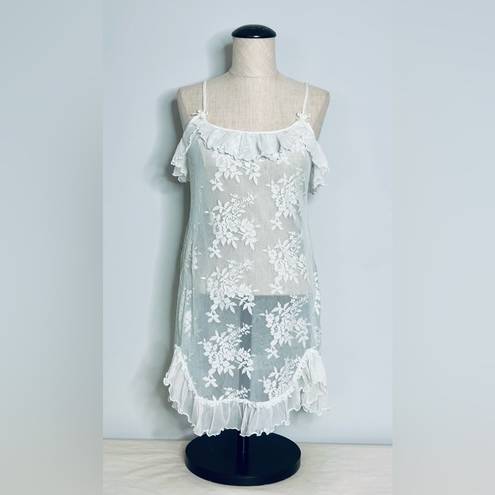 In Bloom  by Jonquil White and Teal Sheer Floral Lace Babydoll Chemise size Large