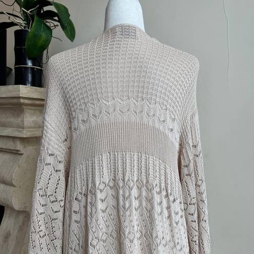 Lush Clothing LUSH Light Beige Long Sleeve Open Knit Fringe Trimmed Women Size S Long Cardigan