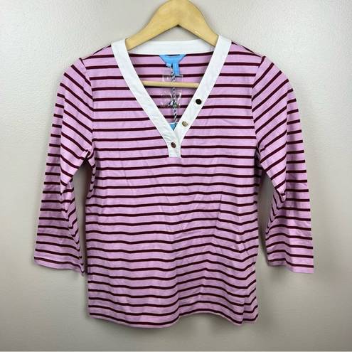 Draper James  V-Neck Puff Sleeve Shirt Size XS Dark Pink Mariner Stripe Preppy