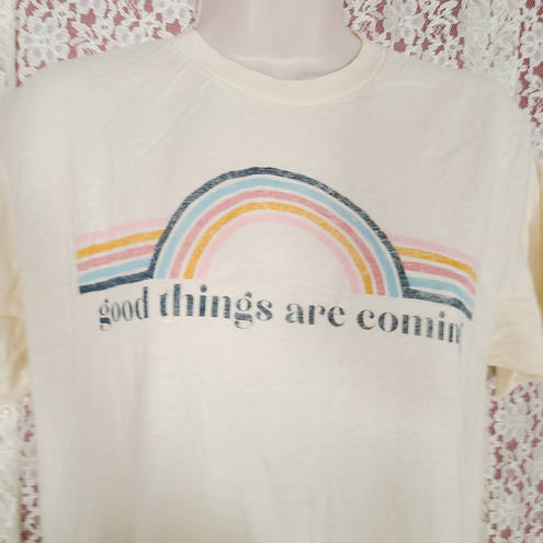 Tultex  cream good things are coming rainbow graphic logo tee

size medium