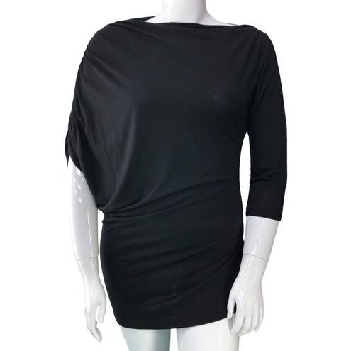 Natori  Womens Size L Tunic Asymmetrical Sleeve Ruched Boat Neck Top Black