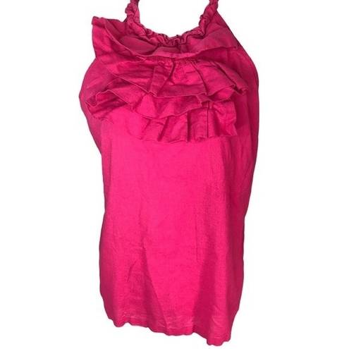 Luna Marina  Pink Ruffled Mock Neck Sleeveless Linen Blend Blouse