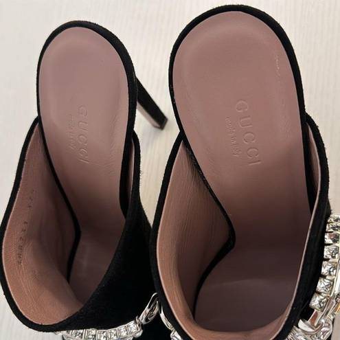 Gucci  Maxime Black Suede Crystal Horsebit Open Toe Mules High Heel Sandals 37.5