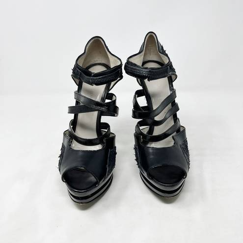 Jason Wu [] Black Textured Embossed Leather Strappy Sandals Platform Heels Sz 39