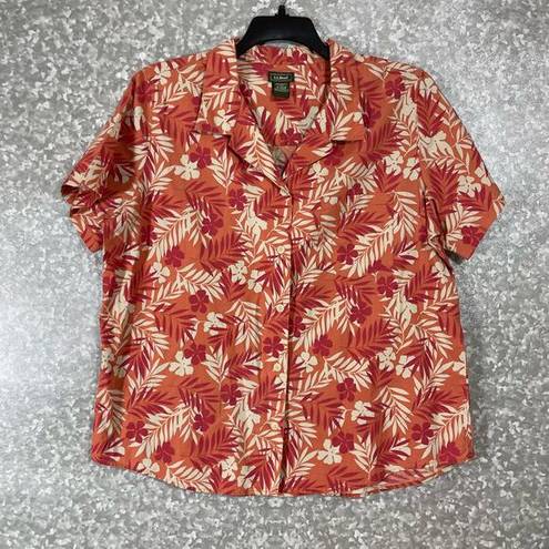 L.L.Bean  Women’s Orange Floral Hibiscus Hawaiian Shirt - Size Large - Button Up