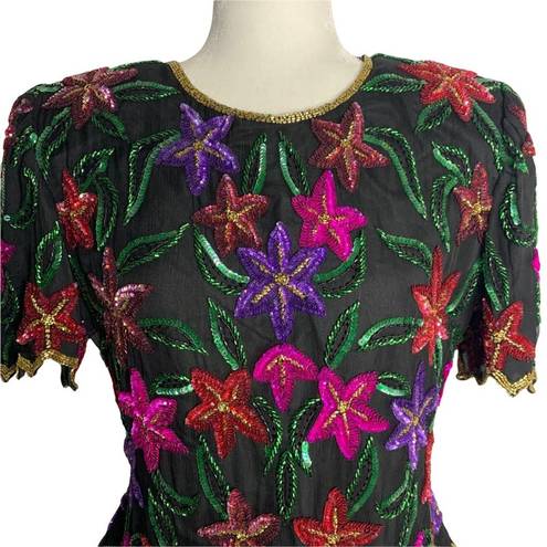 Laurence Kazar Vintage  Sequin Silk Blouse L Black Floral Zip Back Short Sleeves