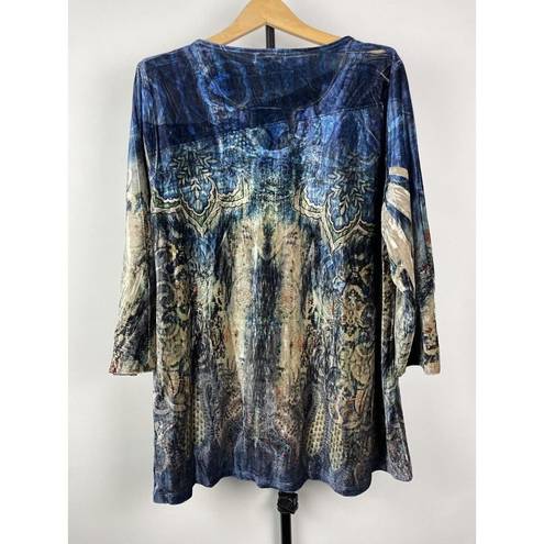 Live and let live  Blue Tan Velvet Paisley Embroidered 3/4 Sleeve Pop Over Top XL