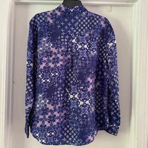 Garnet Hill  Women's Silk Button Front Blouse Top Long Sleeve Size 6 Blue Purple