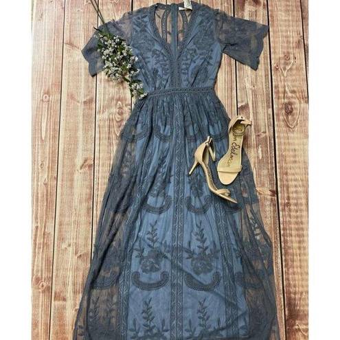 Honey Punch  Blue Lace Mesh Maxi Dress