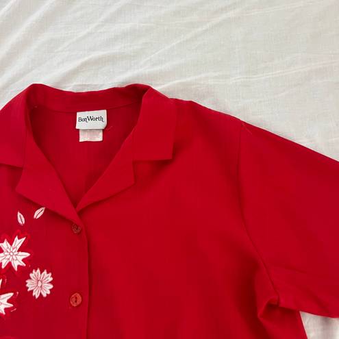 Bonworth red embroidered short sleeve button down top Size L Condition: Perfect Color: red/white  Details : - See photos for approx. measurements laying flat - Button-down  - Self-tie on the back  - Can be styled in many ways Extras:  - I ship between 1-2 days