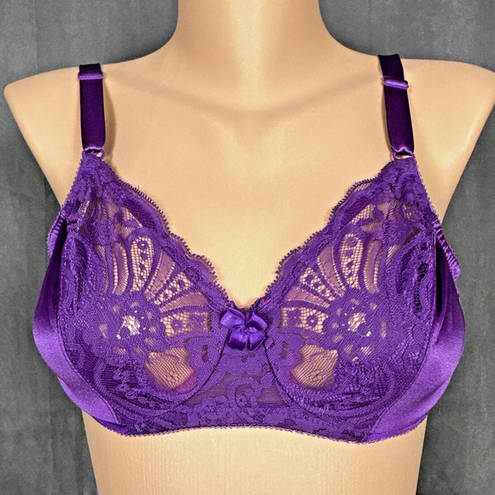 Second Skin Vintage Lilyette Bra 34C  Satin Sheer Lace Purple Unlined 878 USA