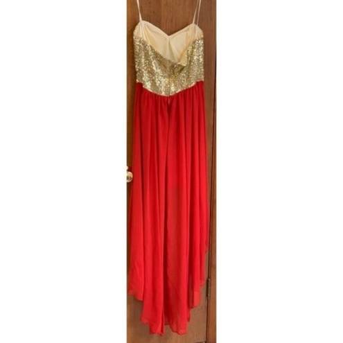 B Darlin  Strapless Red and Gold Sequin Top High Low Dress