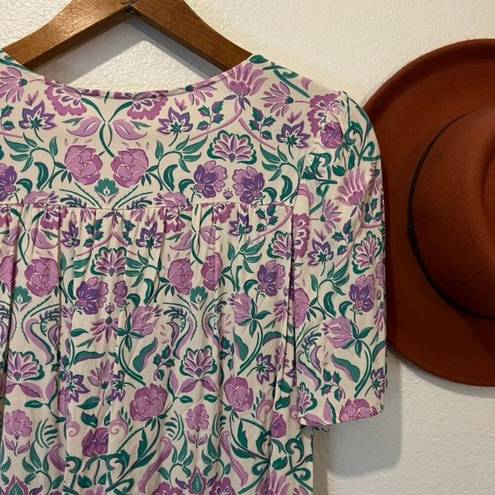 Mango  Purple & Green Botanical Floral Button Front V Neck Blouse XL