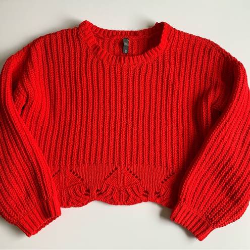 Alya  Cable Knit Chunky Bright Red Crew Neck Long Sleeve Crop Sweater Size Medium