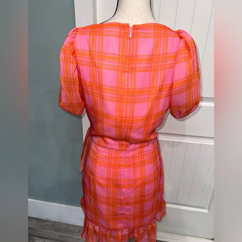 Likely  Havana Pink/Orange plaid faux wrap ruffle mini dress size 12