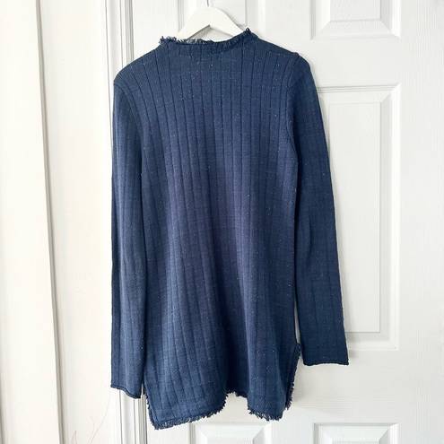 CAbi  Navy Blue Duchess Speckled Confetti Hook Closure Fringe Trim Long Cardigan