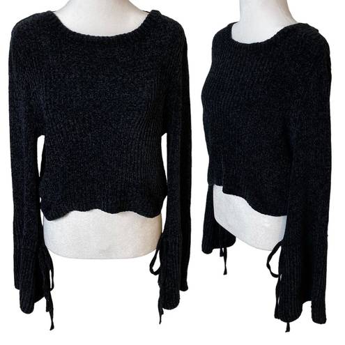 Lovers + Friends  Sweater Cropped Chenille Tie Bell Sleeve Scoop Neck Black Small