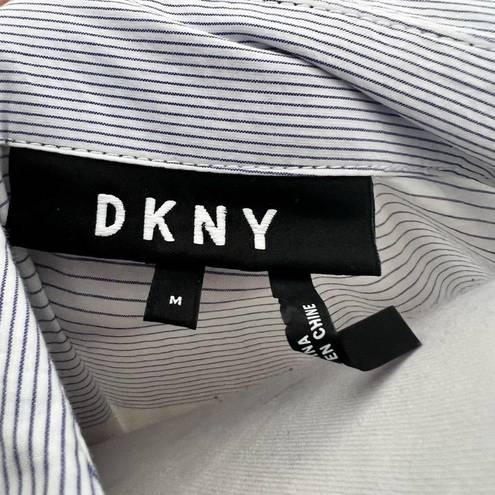 DKNY Peplum Top MEDIUM Ruffle Hem Blue & White Striped Half Button Long Sleeve