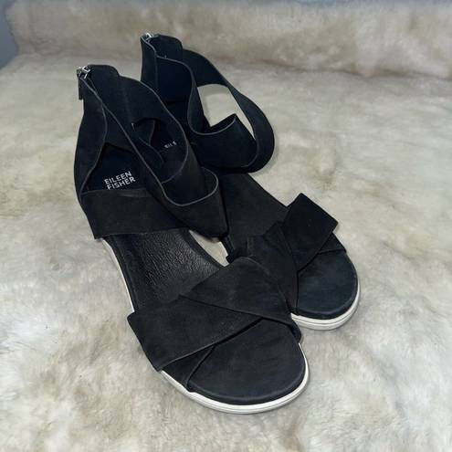 Eileen Fisher Women's Viv Wedge Leather Nubuck Sandals Black Size 9.5 Casual