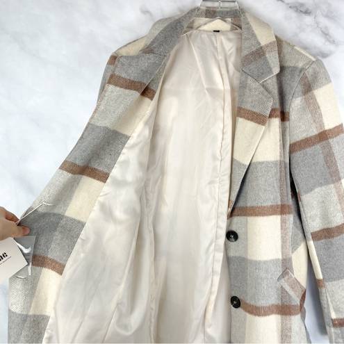 NWT Plaid Long Length Pea Coat Jacket Flannel Preppy Classic Retro Gray Cream XS