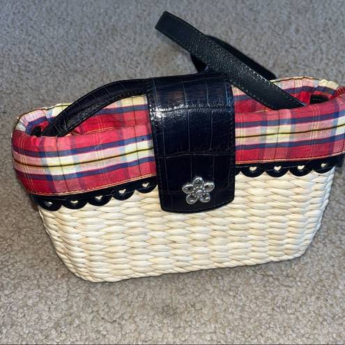 Brighton  straw plaid shoulder bag, long black leather strap, magnetic clasp