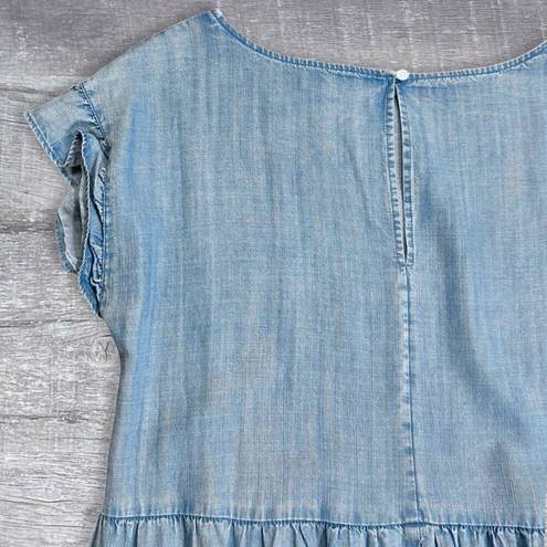 The Loft  Blue Chambray Ruffled Sleeveless Tiered Dress Womens S Relaxed Mini Shift