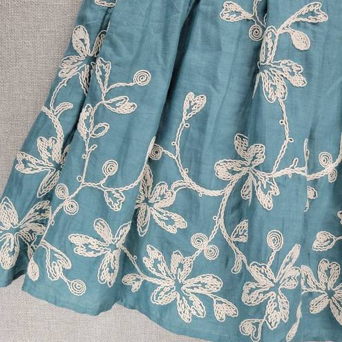 Talbots  Skirt Size 4 Blue Linen Floral Embroidered A-Line Pleated Cottagecore