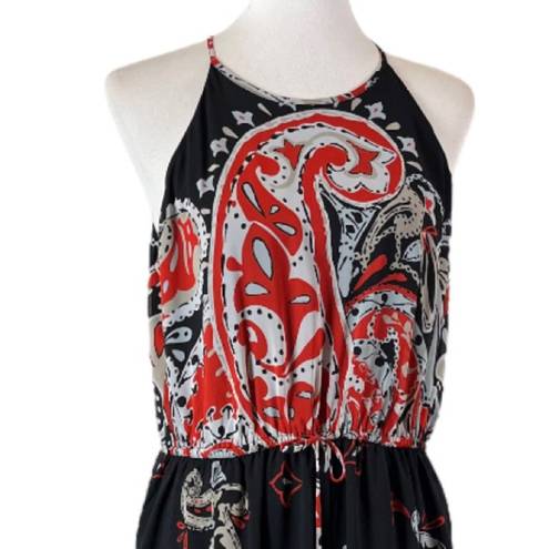 Loft Midi Dress Halter Neck Blouson Tie Waist Chiffon Black Red Women’s Large