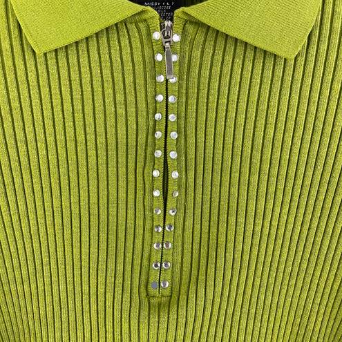 Cable and Gauge  Y2K 90’s Vibes Green Ribbed Rhinestone Half Zip Cropped Sweater