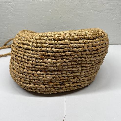 Vintage Blue  White Swirl Boho Round Straw Raffia Bag Hand Woven Shoulder Purse